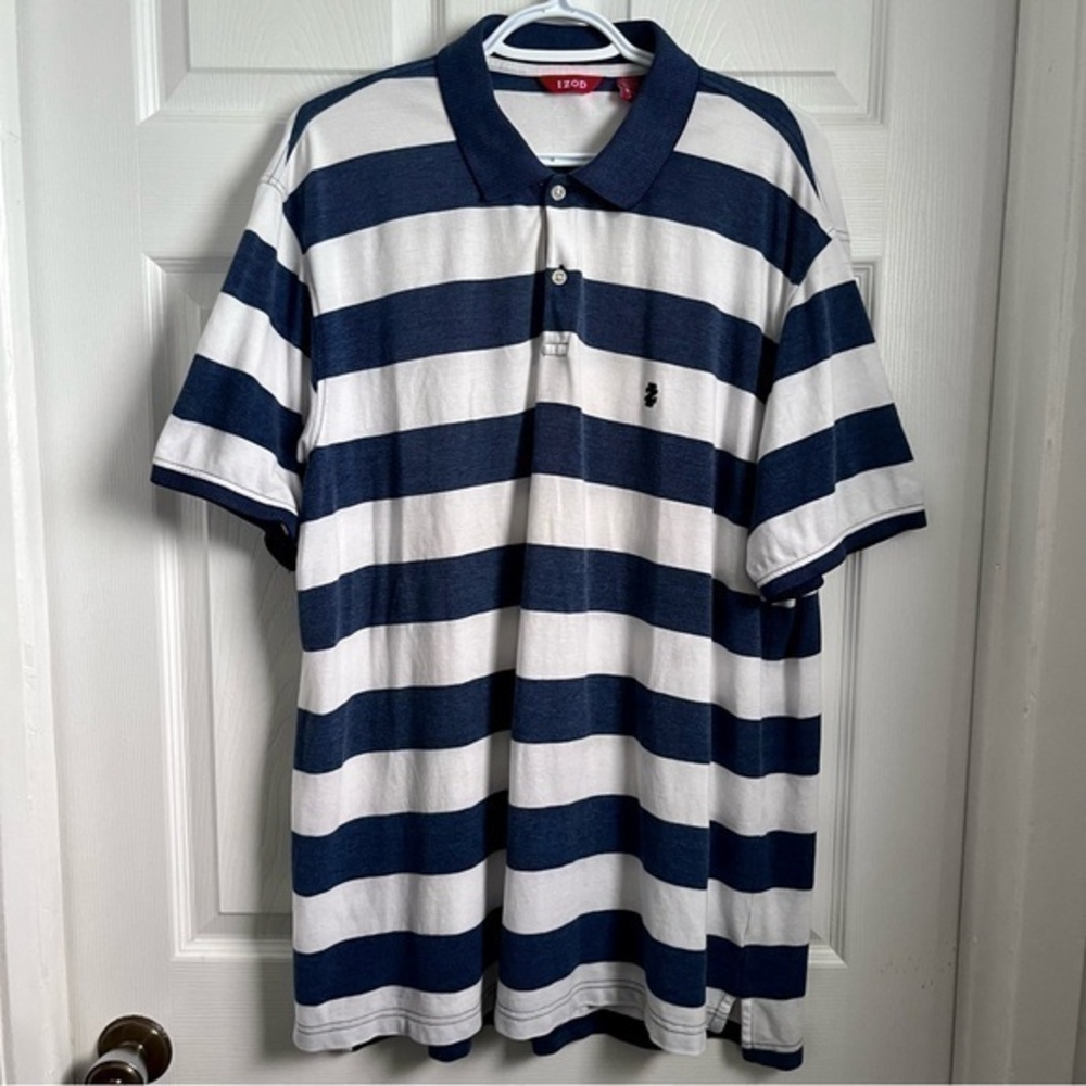 3/30$💥 Izod polo shirt men white blue striped men XL golf sport short sleeve